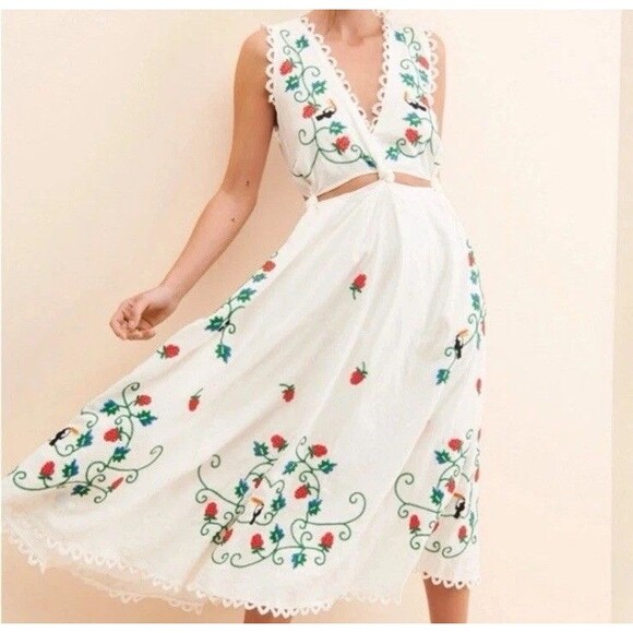 Dresses & Skirts - Farm Rio Cross Stitch Toucan Raspberries Fruit Embroidered Dress Size Small